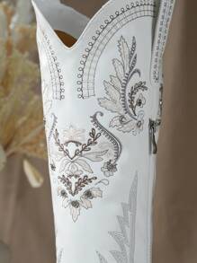白色西部牛仔靴 - 刺繡女牛仔靴,鑲有鑽石西部靴,復古鄉村靴,閃閃發光的膝上長靴,高靴低跟 - 白色 - 查看 4