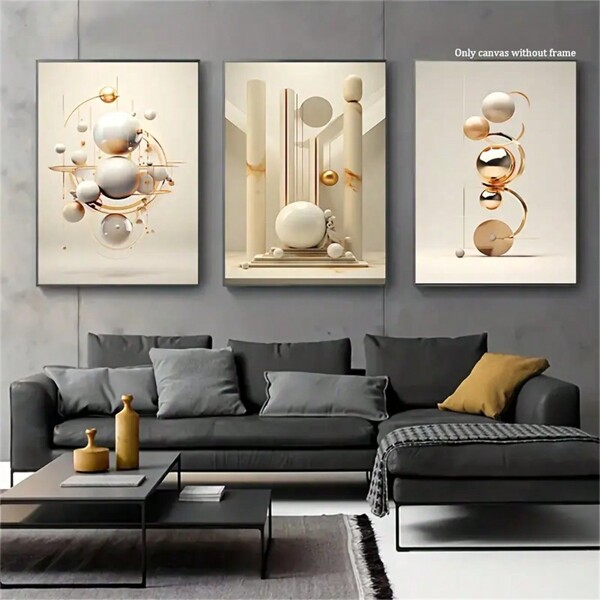 3 Pezzi / Set Quadri Stampati Su Tela Moderni, Dipinti A Parete In Tessuto Con Sfere Geometriche Tridimensionali, Dipinti Per Muro Con Opere D'arte Per Sala Da Pranzo, Camera Da Letto, Bagno, Ufficio, Corridoio, Senza Cornice