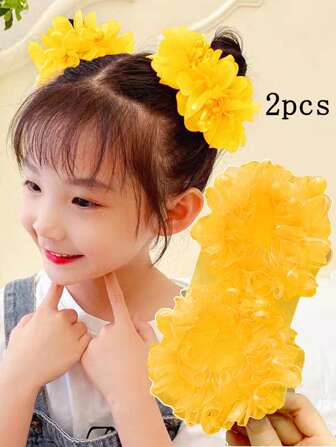 2pcs Girls' Cute Yellow Fabric Hair Tie With Beads And Flower Hairband, Suitable For Daily Wear, Vacation Or