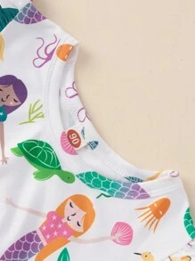 Young Girl Cartoon Mermaid Print Ruffle Armhole Dress - White - View 3