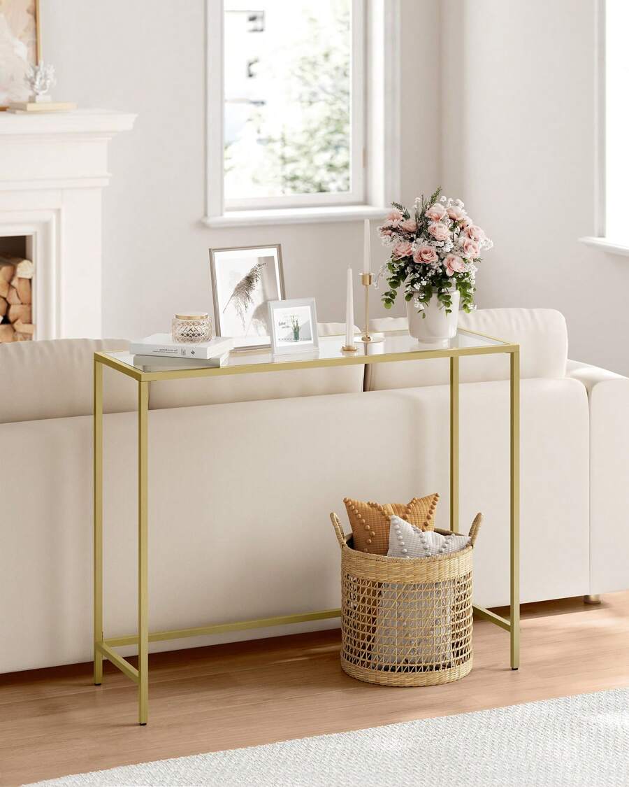 VASAGLE Table Console, Table d'Entrée, Bout de Canapé, Dessus de Table en Verre Trempé, Montage Facile, Pieds Réglables, pour Salon, Entrée, Couloir, Doré Clair et Transparent - Doré - Voir 1