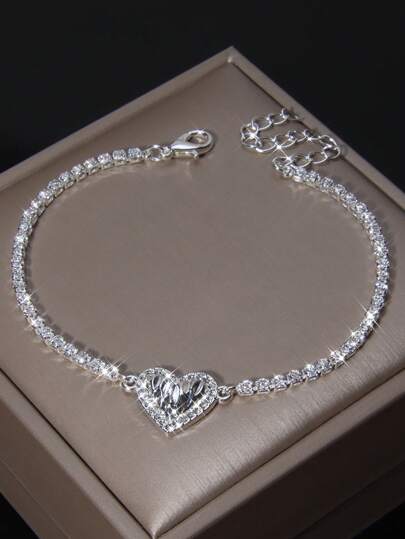 Shiny Silver-Finish Fashionable Pleated Style Bracelet Decorated With Rhinestone Filled Heart Pendant, Perfect Gift Option For Women's Birthday, Party, Wedding And Daily Wear Valentines,Mom,Mother,Mother's Day,Gift