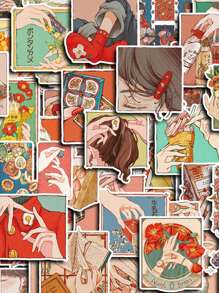 50 张复古日式女孩插画贴纸、浪漫假期、漫画、花卉设计空白空间日记装饰材料纸、办公室和文具、派对礼品、卡片制作、剪贴簿、DIY 纸艺装饰、学校用品、返校 - 彩色 - 查看 9