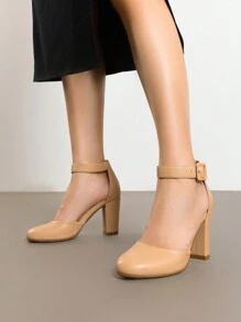 Women Heel Closed Toe Chunky High Heel Ankle Strap Wedding Party Comfortable Prom Pumps Shoes - Beige - View 4