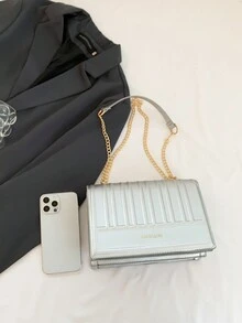 压纹条纹纯色翻盖链条校园钻石形链条时尚单肩包 - 銀色 - 查看 3