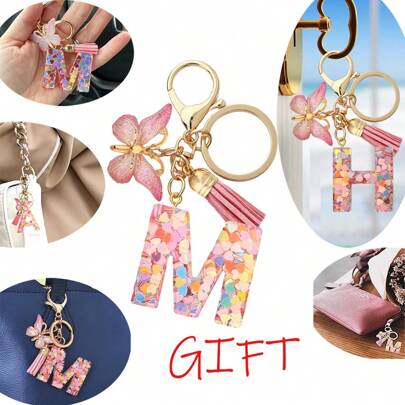 毕业礼物时尚字母首字母钥匙扣流苏蝴蝶吊坠钥匙圈适用于钱包手提包女士母亲节节日礼物，返校情人节