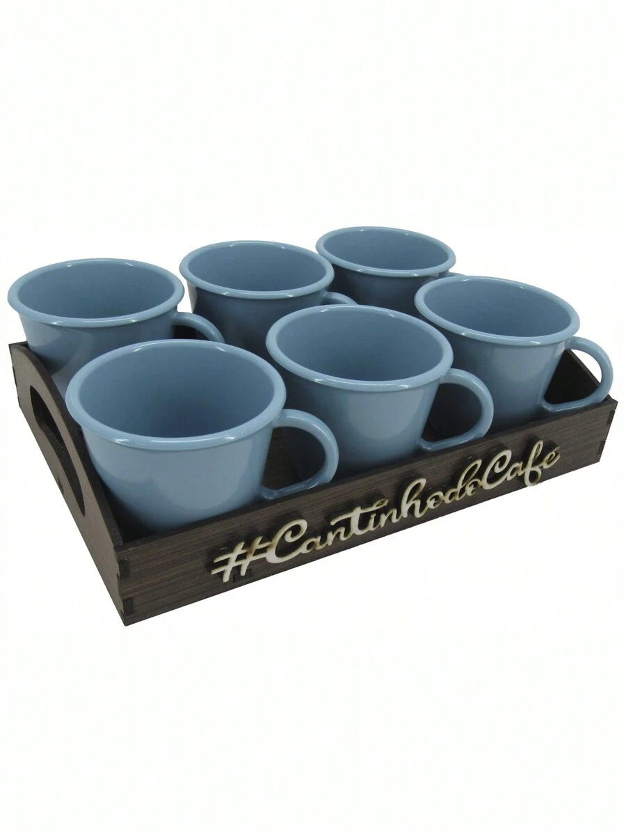 Kit 6 Xícaras Acrílica Com Bandeja Cantinho do Café MDF - Azul - Visão 1