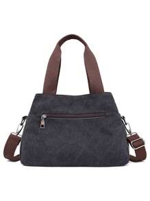 女士帆布手提包,可用於肩背、斜跨、手提,大容量手提袋 - 黑色 - 查看 5