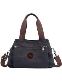 女士帆布手提包,可用於肩背、斜跨、手提,大容量手提袋 - 黑色 - 查看 3