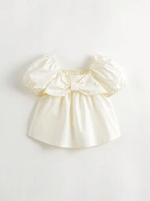 MARC&JANIE 夏季少女甜美有趣的大蝴蝶結泡泡袖短袖方領襯衫 - 米色 - 查看 4