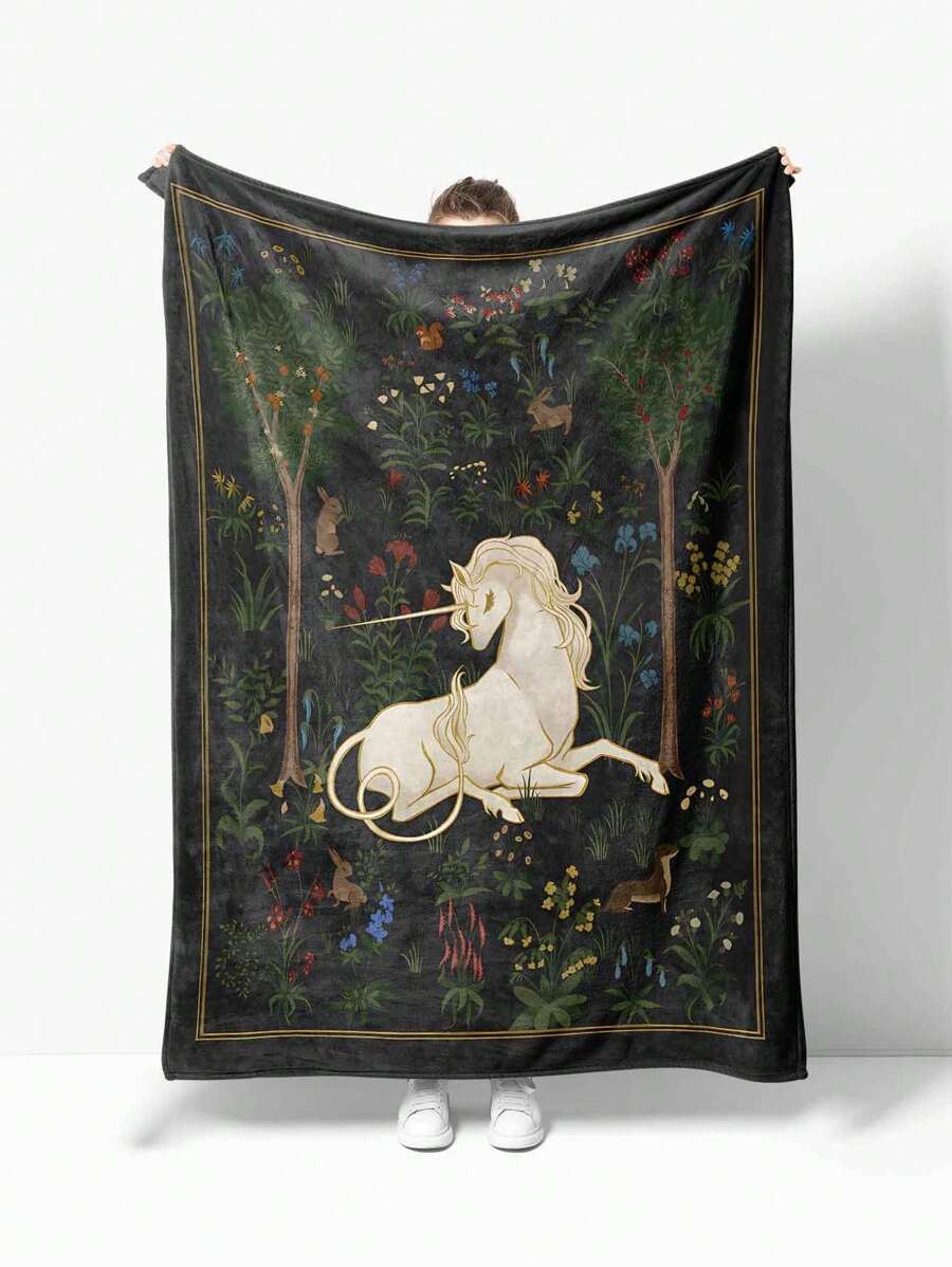 1pc Cartoon Jungle Unicorn Pattern Flannel Blanket Home Living Accessory, Everyday Gift, Anniversary Gift, Festival Gift Suitable For All Seasons - Multicolor - View 1