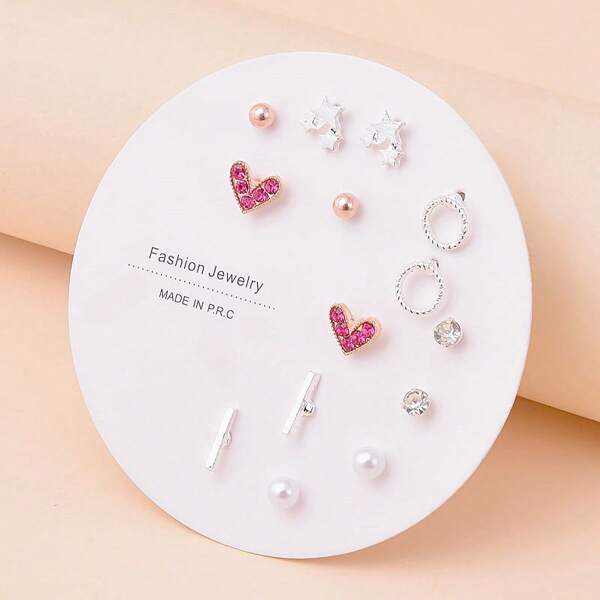 7 Paires/ensemble Nouveaux Arrivants Boucles D'oreilles Clous En Forme De Cœur Incrustées De Strass Roses Pour Femmes, Couleur Or Rose