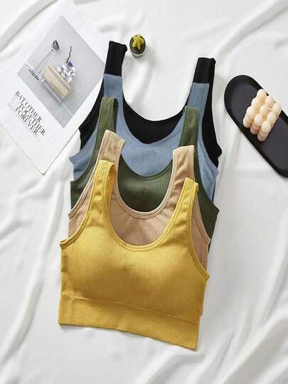 5pcs/Set Women's Sexy Plain Tops, Fashion Sports Comfortable Vest, Strap Bra, Sexy Underwear