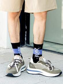 1 Par De Calcetines Cómodos Hasta Mediados De La Pantorrilla Para Chicos Grandes Con Diseño De Letras Y Rayas, Estilo Versátil - Negro - Ver 1