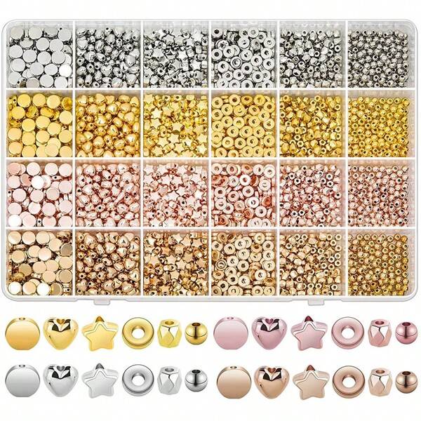 1 Caixa de 24/32 Bolas de Posicionamento CCB em Grelha, Conjunto de Contas Espaçadoras, Várias Contas para Pulseira, Contas de Corda Redonda, Contas em Forma de Estrela, Contas Douradas para Joias DIY