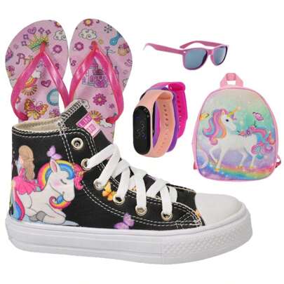 Tênis Botinha Infantil Feminina Sereia Princesa+ Chinelo + Óculos + Relógio + Mochila Unicórnio
