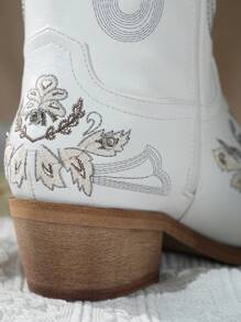 白色西部牛仔靴 - 刺繡女牛仔靴,鑲有鑽石西部靴,復古鄉村靴,閃閃發光的膝上長靴,高靴低跟 - 白色 - 查看 6