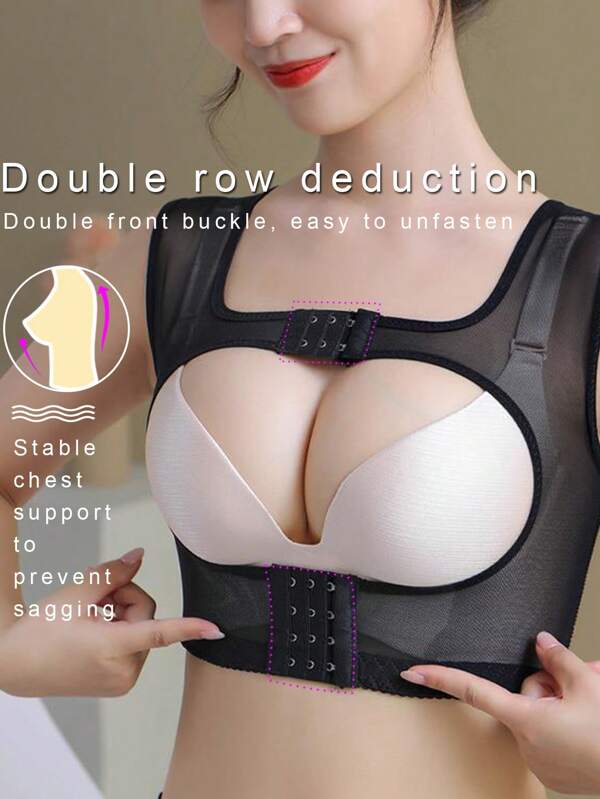 Damen Sommer Netz Mesh atmungsaktiver Bügel Formende Bodys mit doppelten Knöpfen, verdeckte seitliche Stützen heben BH und schlanken Taille, Mesh Stoff atmungsaktiv und stützend Bodysuit mit 4 Haken Fitness Zubehör