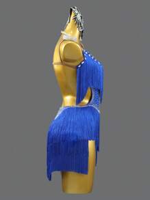 ABC Dancing Trang phục thi đấu khiêu vũ Latin màu xanh mới dành cho người lớn, Váy tua rua gợi cảm cho các sự kiện thể thao & tiệc tùng - Xanh đậm - Xem 4