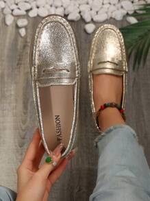 Women's Handmade Metal Buckle Stitching Detail Gold Flat Shoes For Spring And Autumn - Gold - View 4