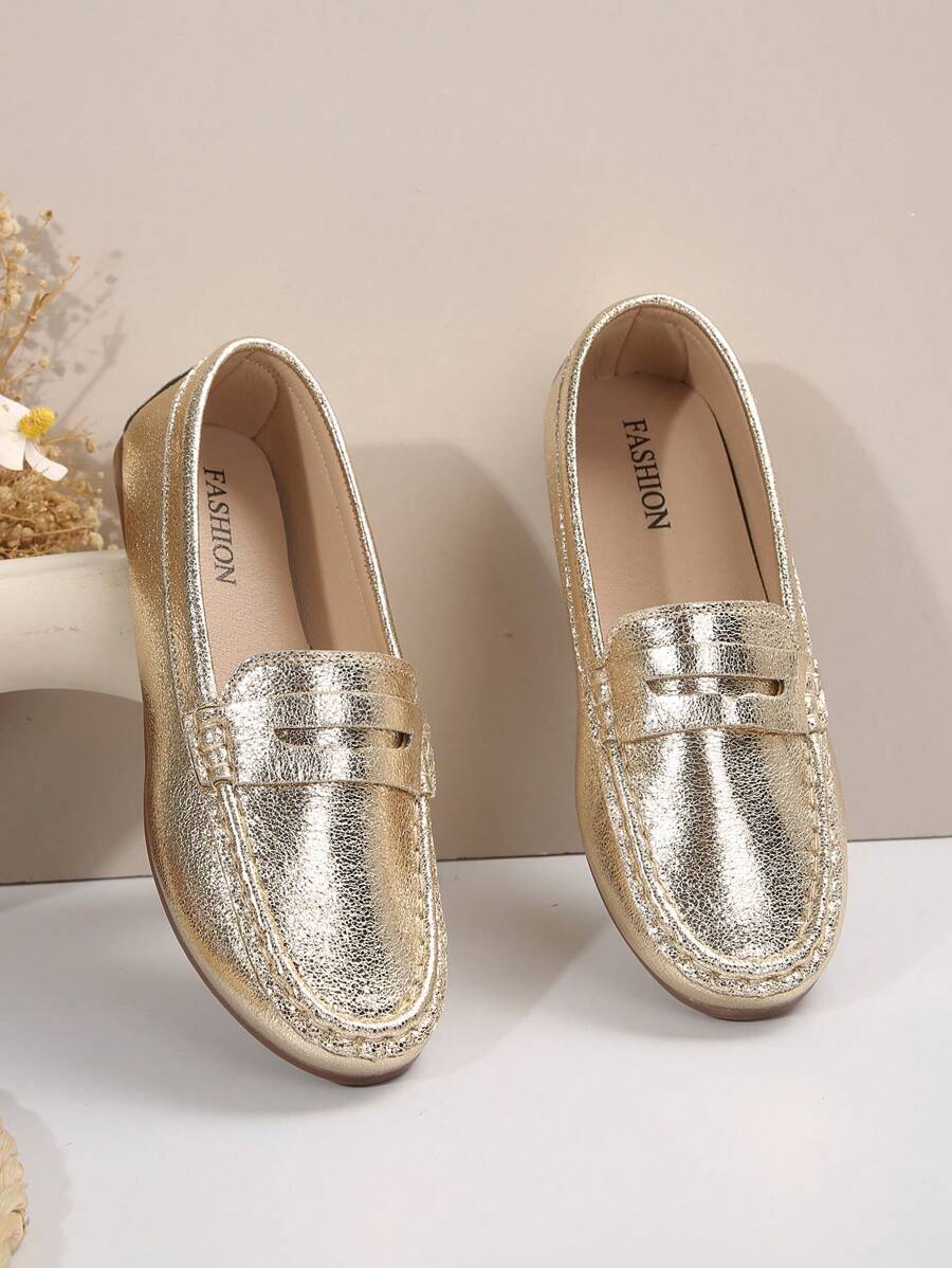 Women's Handmade Metal Buckle Stitching Detail Gold Flat Shoes For Spring And Autumn - Gold - View 1