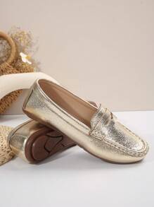 Women's Handmade Metal Buckle Stitching Detail Gold Flat Shoes For Spring And Autumn - Gold - View 3