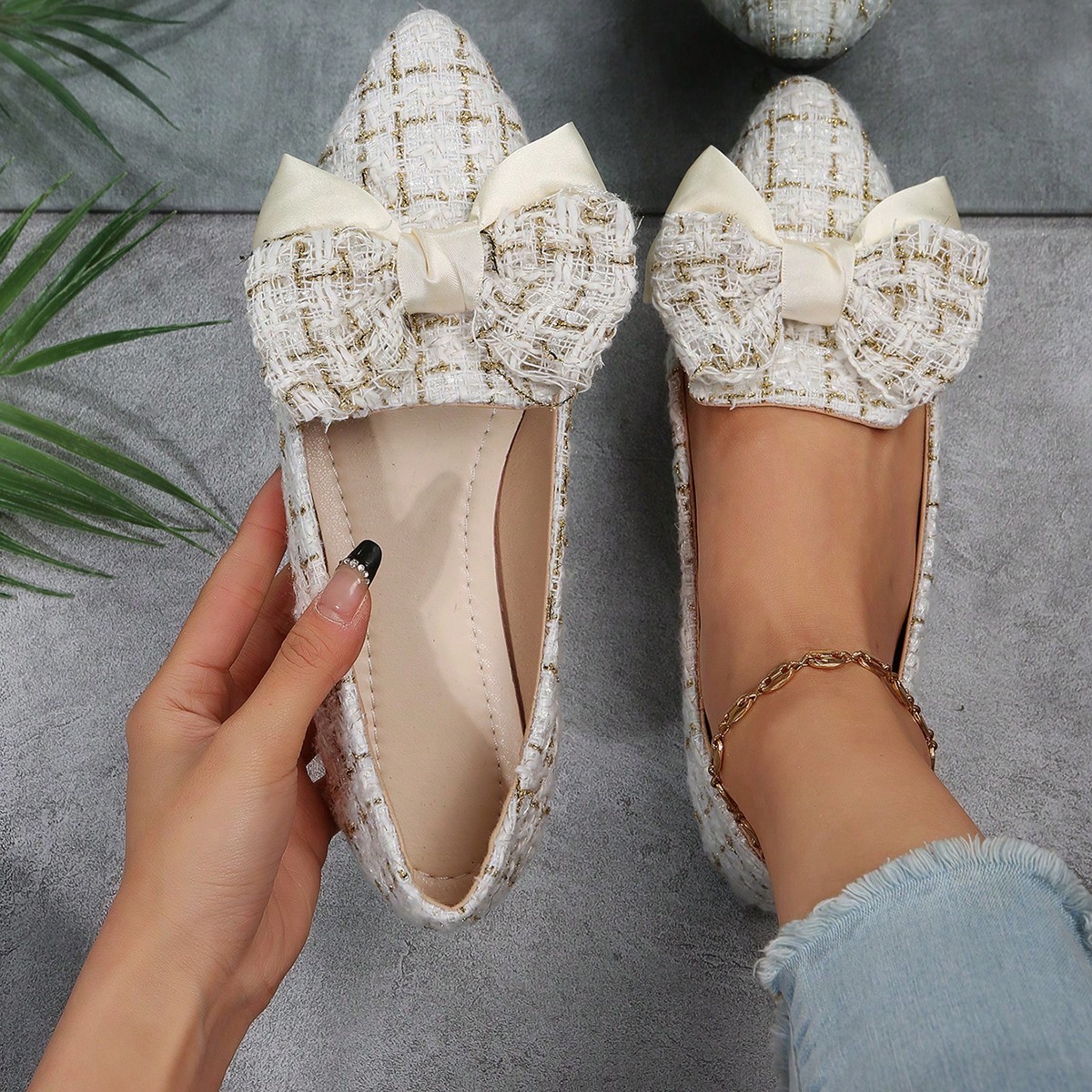 Nouvelles Chaussures Plates Pour Femmes En Tissu TissÃ© Rose DorÃ© Avec NÅ“ud Papillon Pour ExtÃ©rieur, Bout Pointu Ã€ Bouche Peu Profonde Et Semelle