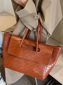 Simple Flip Cover Long Handle Large Capacity Women Tote Bag, Eye-Catching Work Bags For Women - Brown - View 5