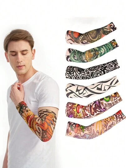 6pcs/3pairs Tattoo Sleeves/Biker Arm Sleeves For Men, Sun Protection For Summer Valentine's Day Valentines