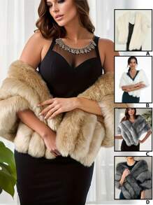 素色毛茸茸披肩圍巾 - 黑色 - 查看 7