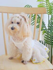 1件夏季向日葵刺繡網紗細肩帶連衣裙,飾有亮片細節,非常適合寵物貓狗在夏天戶外公園穿著 - 白色 - 查看 2