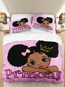 3pcs/Set Cartoon Girl Crown & Letter Printed Duvet Cover Set (1 Duvet Cover + 2 Pillowcases, Not Including Filling), High Definition Printed Home Bedding Set,Valentine's Day