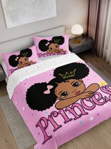 3pcs/Set Cartoon Girl Crown & Letter Printed Duvet Cover Set (1 Duvet Cover + 2 Pillowcases, Not Including Filling), High Definition Printed Home Bedding Set,Valentine's Day