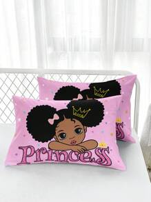 3pcs/Set Cartoon Girl Crown & Letter Printed Duvet Cover Set (1 Duvet Cover + 2 Pillowcases, Not Including Filling), High Definition Printed Home Bedding Set,Valentine's Day