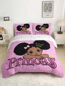 3pcs/Set Cartoon Girl Crown & Letter Printed Duvet Cover Set (1 Duvet Cover + 2 Pillowcases, Not Including Filling), High Definition Printed Home Bedding Set,Valentine's Day