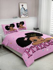 3pcs/Set Cartoon Girl Crown & Letter Printed Duvet Cover Set (1 Duvet Cover + 2 Pillowcases, Not Including Filling), High Definition Printed Home Bedding Set,Valentine's Day