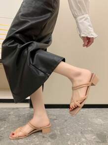 新款時尚簡約軟底通用舒適防滑女性高跟涼鞋,精美仙女腳趾環,寬帶厚跟涼鞋,帶寬高跟拖鞋海灘拖鞋 - 杏色 - 查看 3