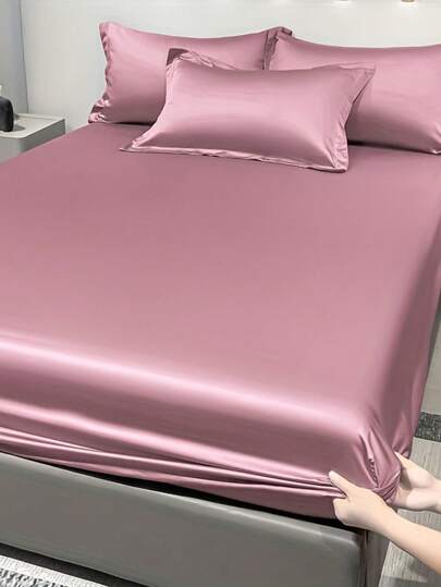 1pc Satin Solid Color Fitted Sheet, 1pc Deep Pink Silk Bed Cover, Bed Decoration