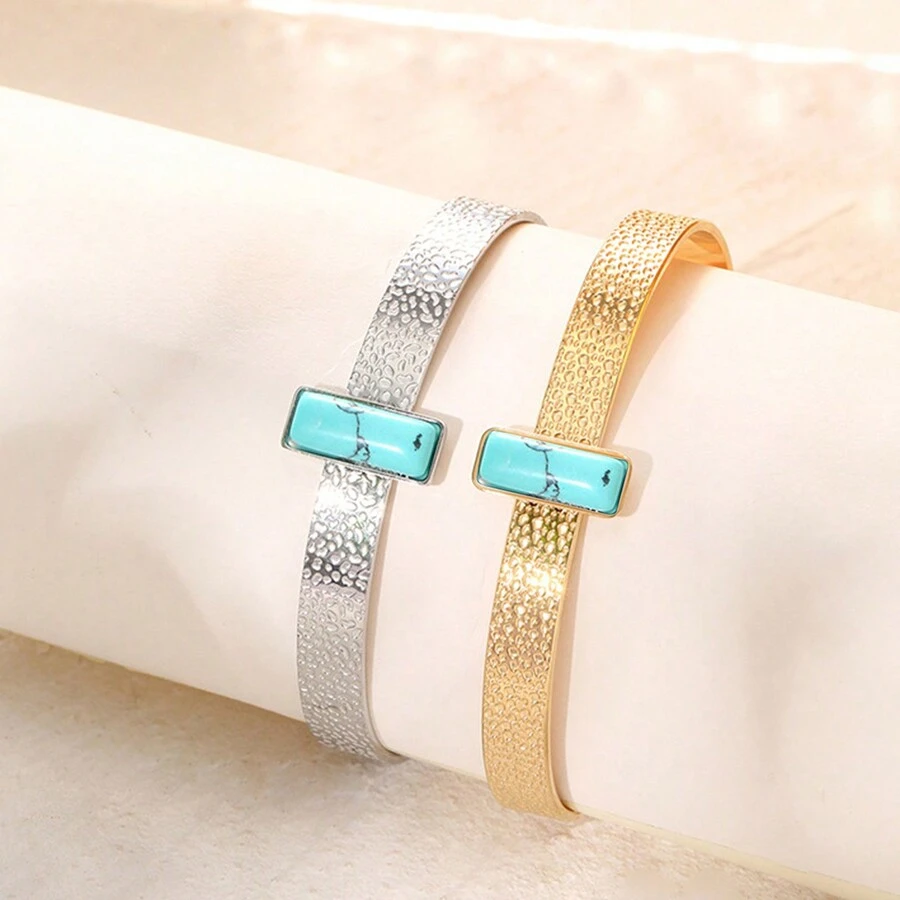 1 Miếng Sang trọng Phong cách Thép Titan Với 14K Mạ vàng Màu ngọc lam Hình hộp chữ nhật Trang trí Hình-chữ C Nhẫn Đối với phụ nữ , Kích thước có thể điều chỉnh - hình chữ nhật - Xem 1