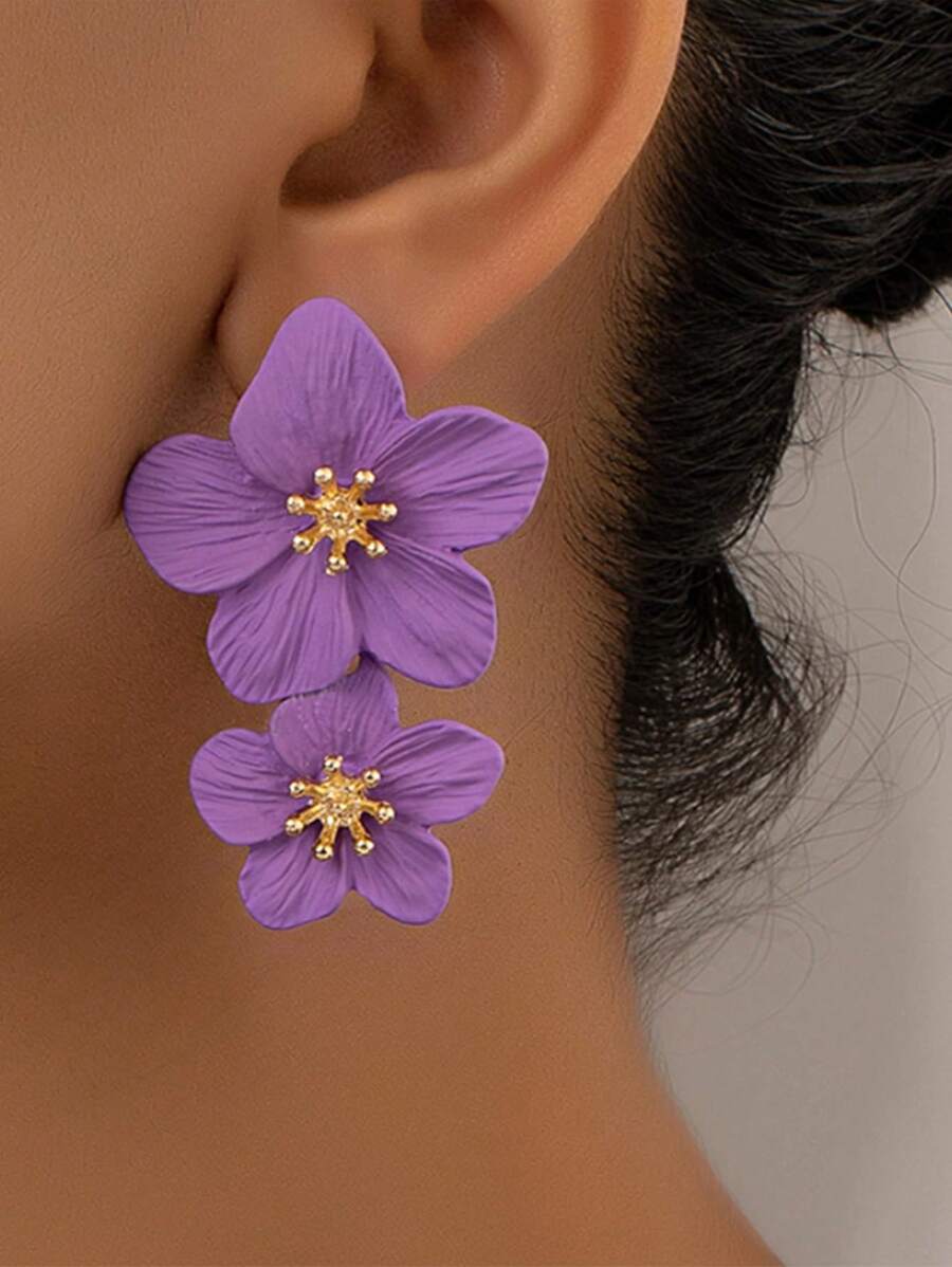 1 par de pendientes con diseño floral, accesorios de moda para la oreja, aretes de flor de doble capa multicolor, dulces y sencillos, estilo europeo y americano, regalo para San Valentín, mamá, madre, Día de la Madre - Púrpura malva - Ver 1