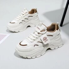 韓版厚底運動鞋，春/夏/秋季，街頭時尚，增高學生運動鞋，休閒鞋 - 米色 - 查看 5