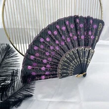 1片優雅豪華的女士折疊閃片繡花塑料扇，適用於復活節、音樂節、母親節、舞台表演和派對派對 - 多色 - 查看 12