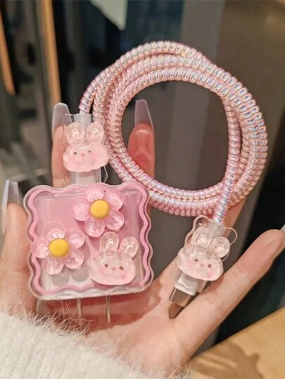 兔子与花朵 1.5m 发光卷线器和防断数据线，硅胶充电头保护套，4 件/套，兼容 Apple 手机 20w 快速充电线线缆保护器，充电器保护器
