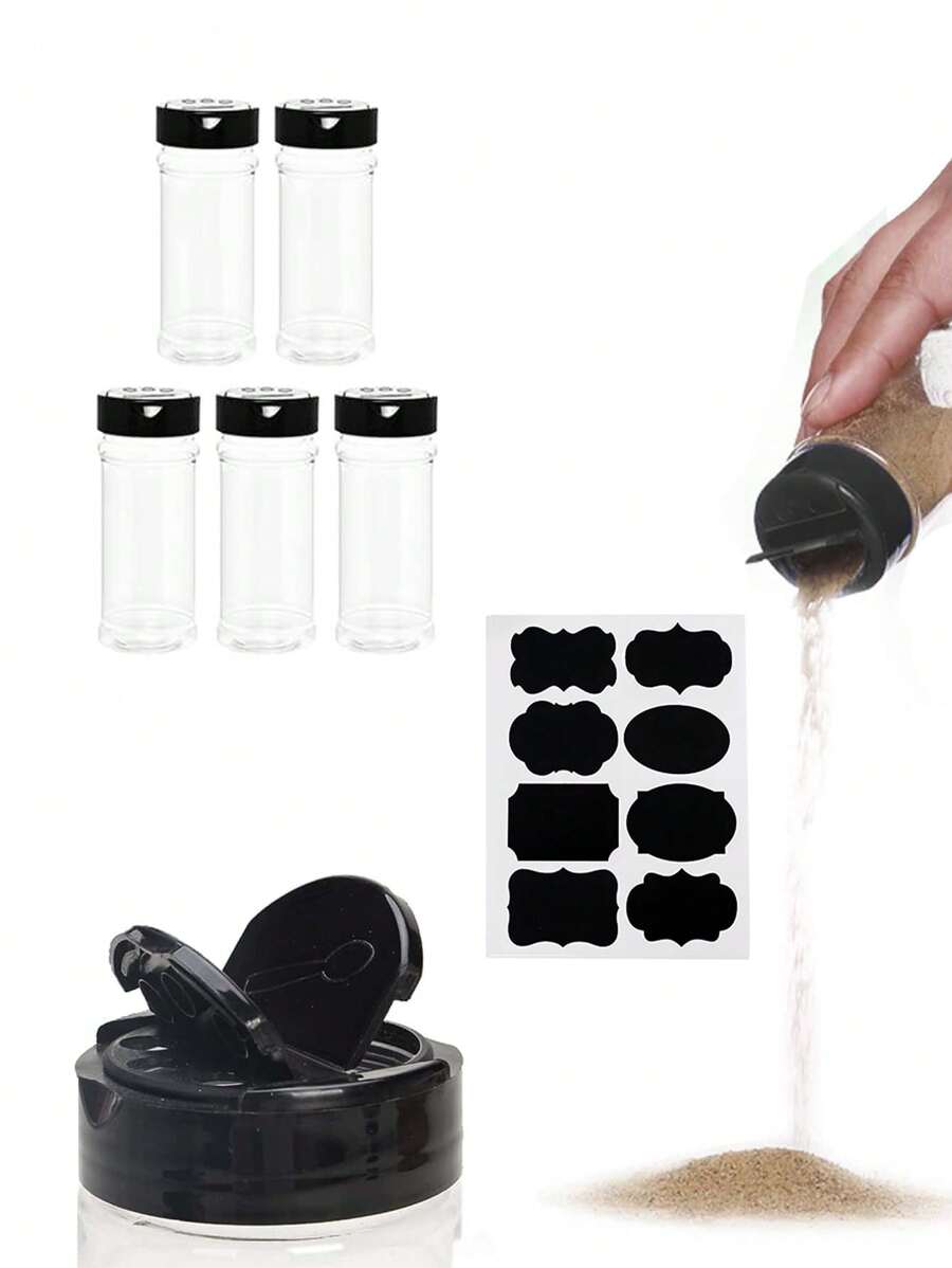 5 lọ đựng gia vị bằng nhựa trong suốt và miếng dán màu đen - Nhiều màu - Xem 1