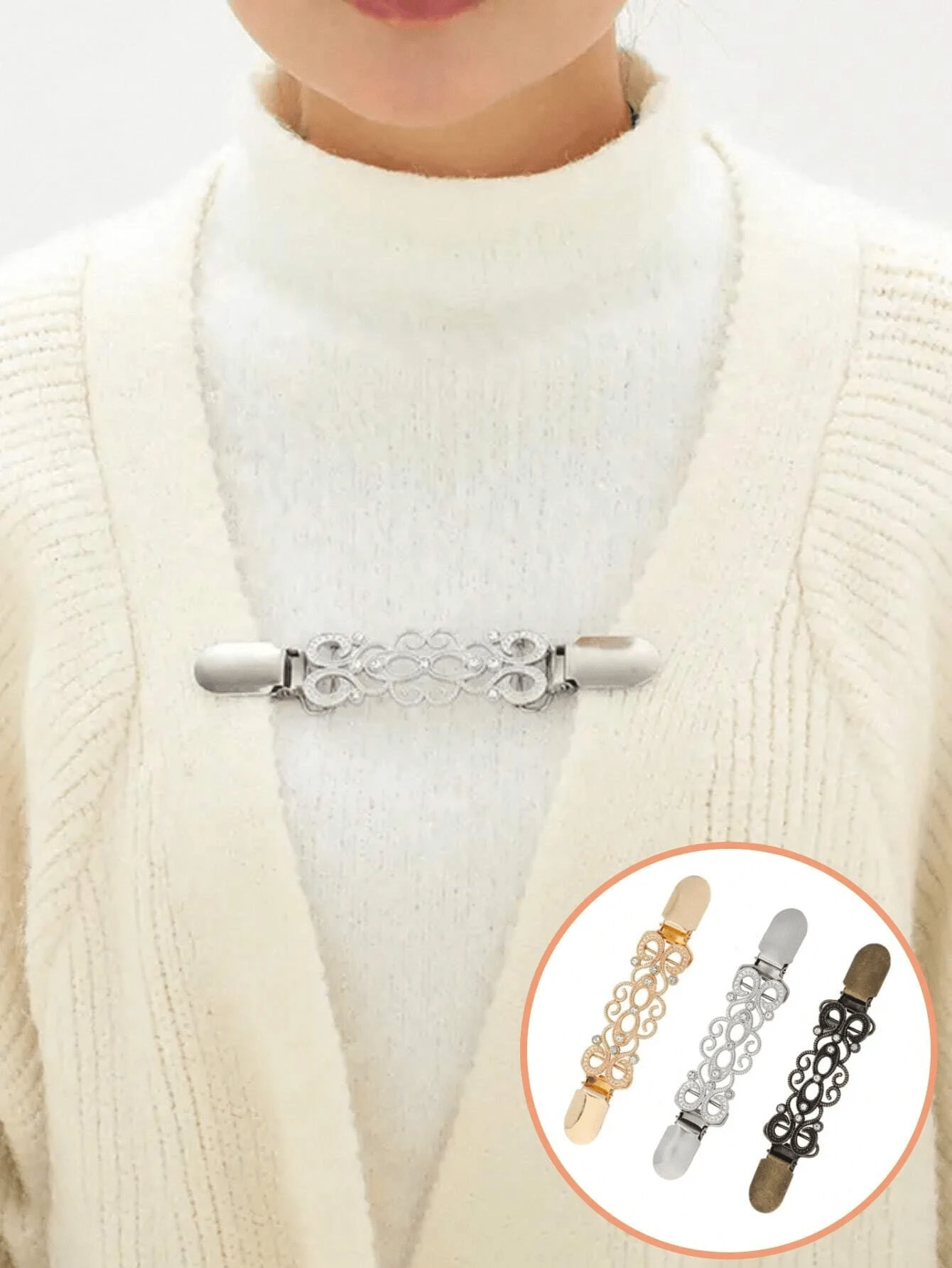 1pc Flower Pattern Vintage Shawl Pin - Elegant Metallic Dress Cardigan Closure For Clothing Decoration - Multicolor - View 1