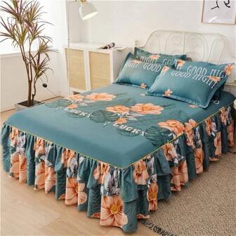 3pcs Bed Skirt Set, Printed Four Seasons Anti-Skid Bedspread, Bedding Set For Bedroom, Guestroom (1 Bed Skirt + 2 Pillowcases, No Filler) Bedroom Decoration