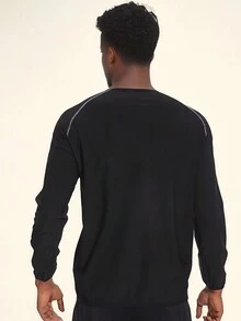 1件男款反光藍膜和灰色條紋對比裝飾排汗長袖連帽衫,適合跑步和健身 - 黑色 - 查看 8