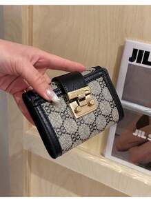 Portofel scurt pentru femei cu imprimeu cu flori negre Suport card antifurt pentru carte de credit La modă Lacăt pătrat auriu și sloturi multiple pentru card și design portabil Business Casual pentru femei Portofel Poșetă Portofel mic Portofel