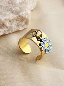 1pc Summer Style Flower Pendant Ring, Stainless Steel 18k Gold-Plated Open Ring For Women, Fashionable High-End Party Accessories Gift