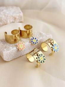 1pc Summer Style Flower Pendant Ring, Stainless Steel 18k Gold-Plated Open Ring For Women, Fashionable High-End Party Accessories Gift